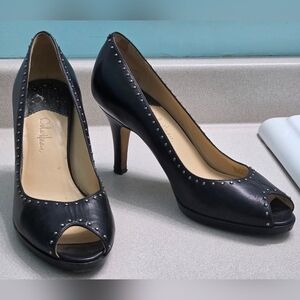 Cole Haan Black Silver Studded Rocker Chic Mob Wife Biker Peep-toe Heels Sz 9.5